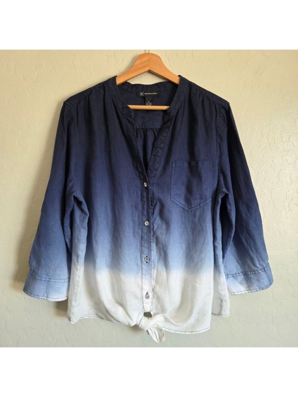 INC International Concepts 100% Linen Ombre Tie Hem Top Blue Sz 16 Summer Beach